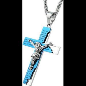 Men's Stainless Steel Cross Crucifix Bible Prayer Pendant Necklace 22+2" Chain